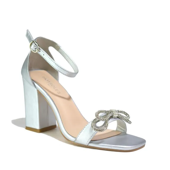 Women's Bow Heels Sparkly Heeled Sandals Silver