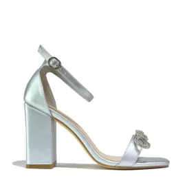 Women's Bow Heels Sparkly Heeled Sandals Silver
