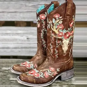 Women's Chunky Heel Printed Embroidered Riding Boots 87538030C