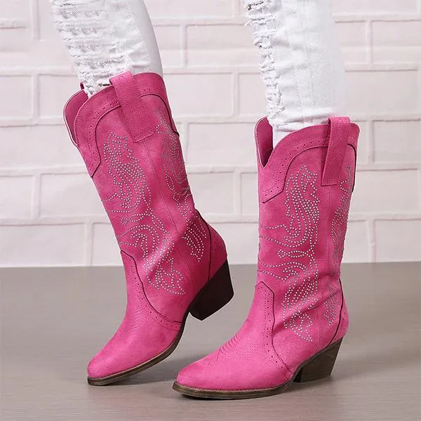 Women's Fashionable Rhinestone Block Heel Western Boots 61879046S