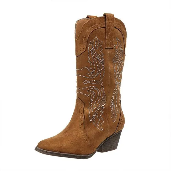 Women's Fashionable Rhinestone Block Heel Western Boots 61879046S