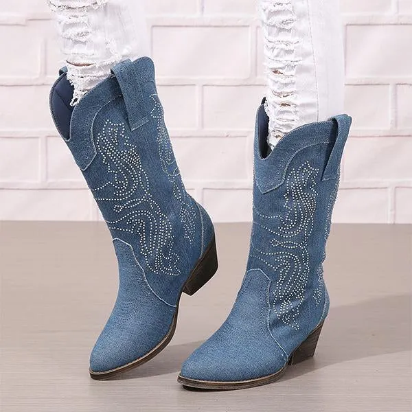 Women's Fashionable Rhinestone Block Heel Western Boots 61879046S