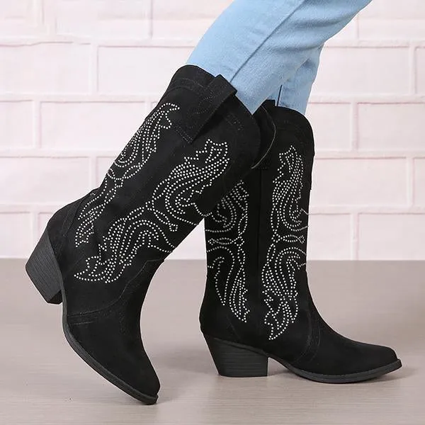 Women's Fashionable Rhinestone Block Heel Western Boots 61879046S