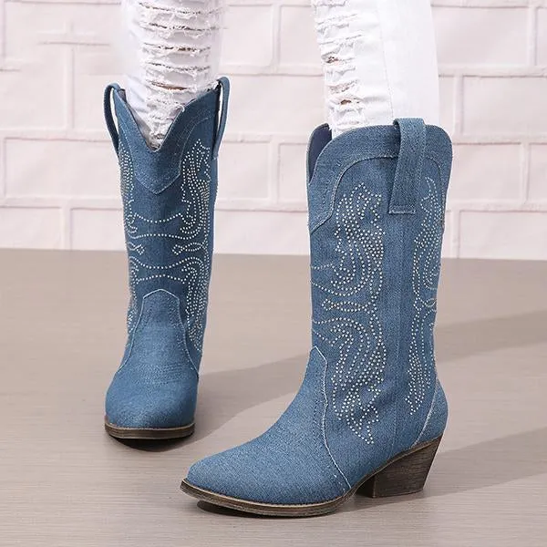 Women's Fashionable Rhinestone Block Heel Western Boots 61879046S