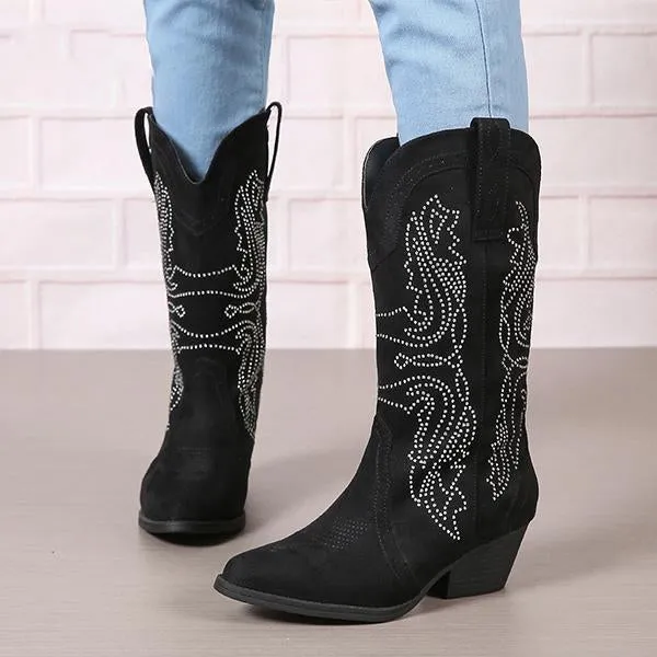 Women's Fashionable Rhinestone Block Heel Western Boots 61879046S