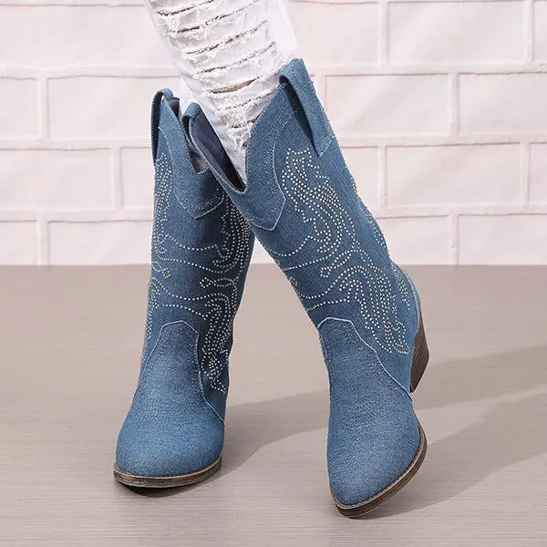 Women's Fashionable Rhinestone Block Heel Western Boots 61879046S