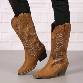 Women's Fashionable Rhinestone Block Heel Western Boots 61879046S