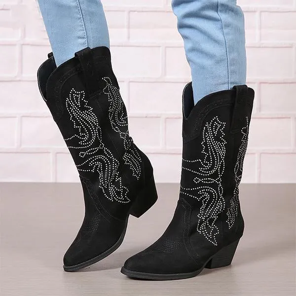 Women's Fashionable Rhinestone Block Heel Western Boots 61879046S
