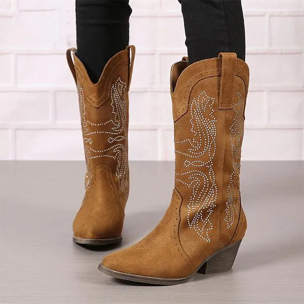 Women's Fashionable Rhinestone Block Heel Western Boots 61879046S
