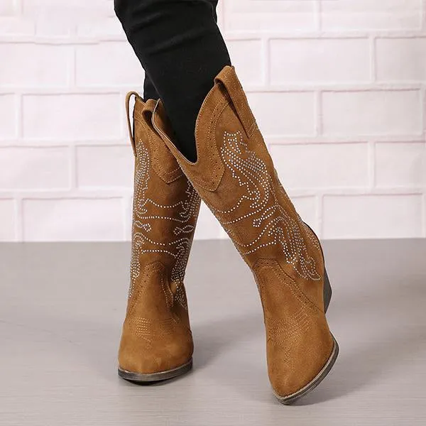 Women's Fashionable Rhinestone Block Heel Western Boots 61879046S
