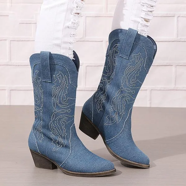 Women's Fashionable Rhinestone Block Heel Western Boots 61879046S