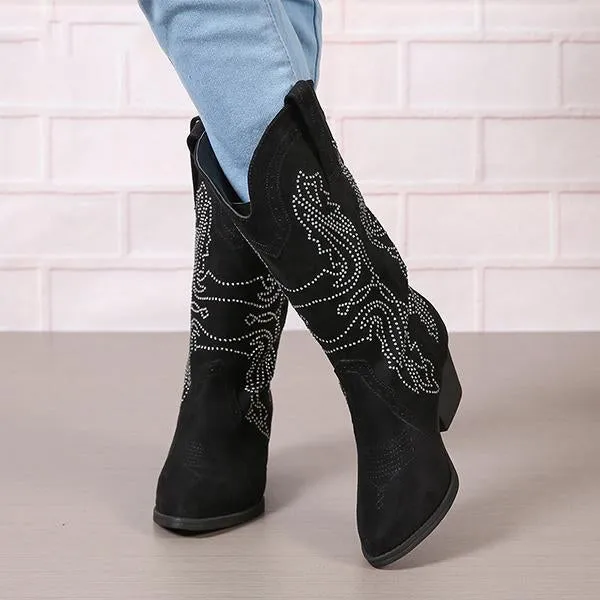 Women's Fashionable Rhinestone Block Heel Western Boots 61879046S