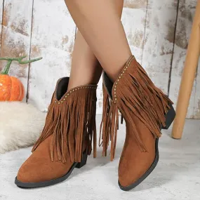 Women's Pointed Toe Tassel Chunky Heel Studded Short Boots 77390637S